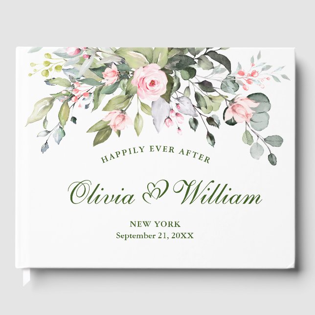 Elegant Eucalyptus Pink Blush Roses Floral Wedding Guest Book (Front)