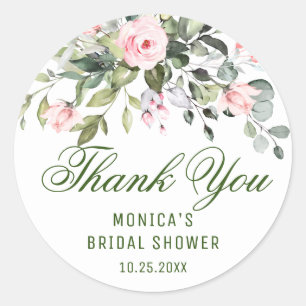 Elegant Eucalyptus Pink Blush Roses Thank You Classic Round Sticker