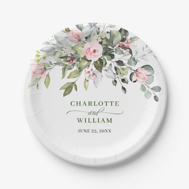 Elegant Eucalyptus Pink Blush Roses Wedding Paper Plates (Front)