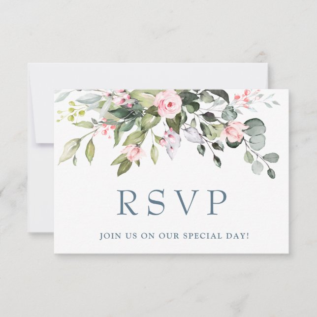 Elegant Eucalyptus Pink Blush Roses Wedding RSVP Card (Front)