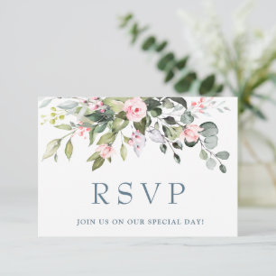 Elegant Eucalyptus Pink Blush Roses Wedding RSVP Card