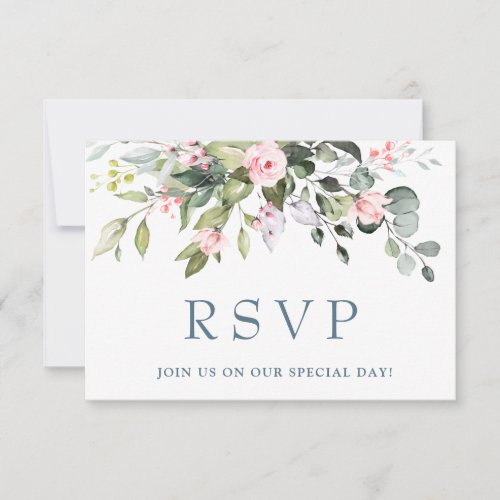 Elegant Eucalyptus Pink Blush Roses Wedding RSVP Card