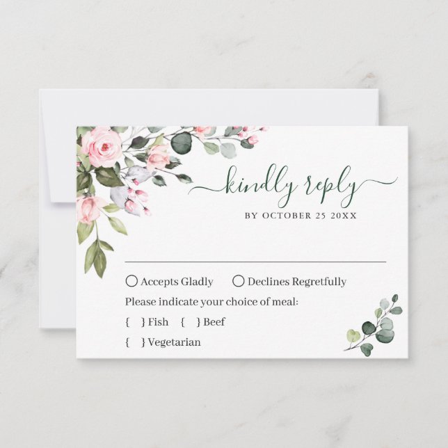 Elegant Eucalyptus Pink Blush Roses Wedding RSVP Card (Front)