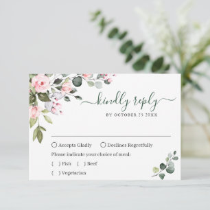 Elegant Eucalyptus Pink Blush Roses Wedding RSVP Card