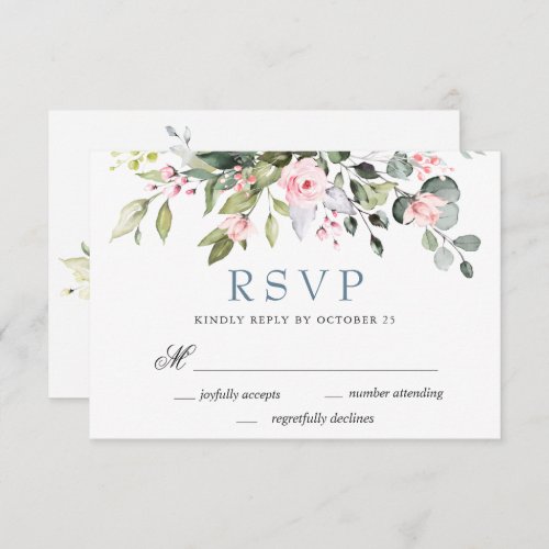 Elegant Eucalyptus Pink Blush Roses Wedding RSVP Card