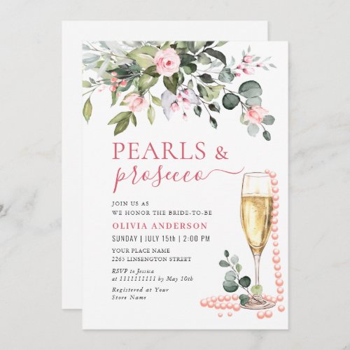 Elegant Eucalyptus Pink Flowers PEARLS  Prosecco Invitation