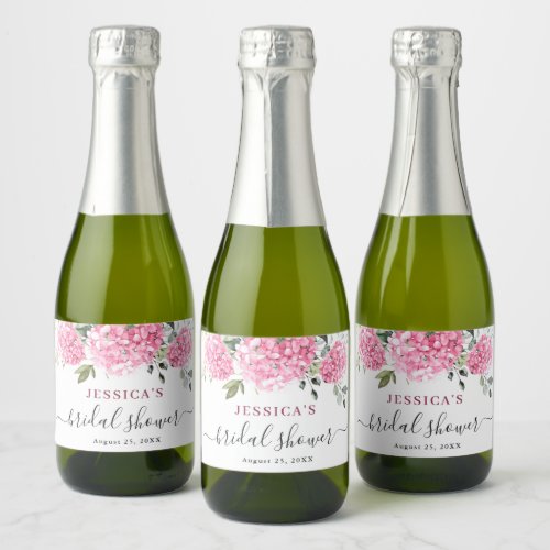 Elegant Eucalyptus Pink Hydrangea Bridal Shower Sparkling Wine Label