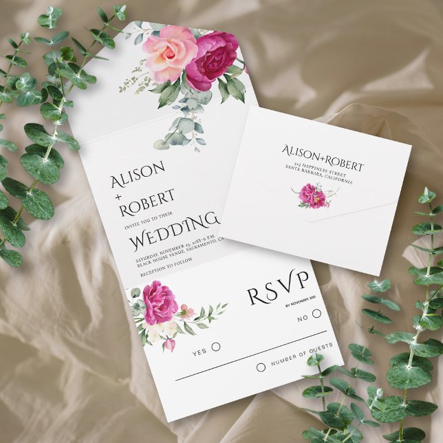 Elegant eucalyptus, pink rose flowers wedding all in one invitation (Creator Uploaded)
