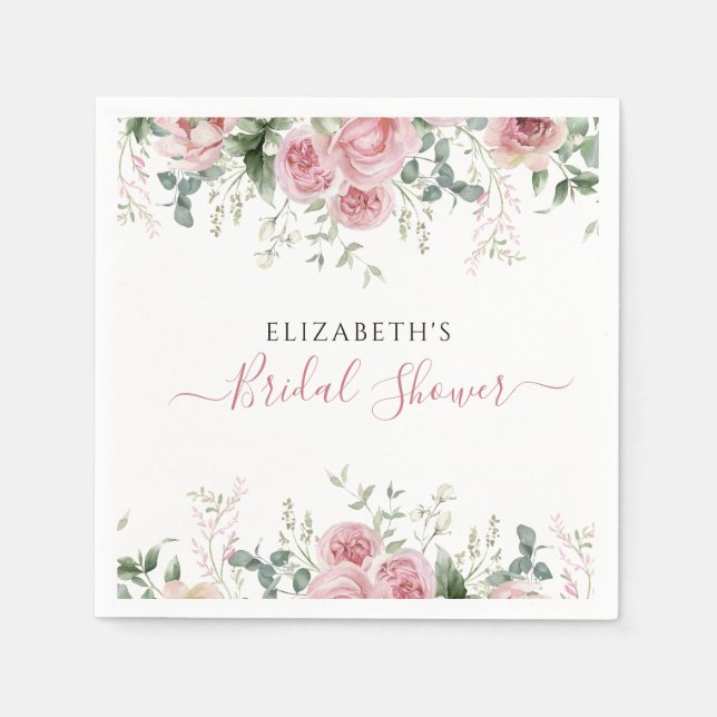 Elegant Eucalyptus & Pink Roses Invite Napkins (Front)