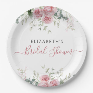 Elegant Eucalyptus & Pink Roses Invite Paper Plates