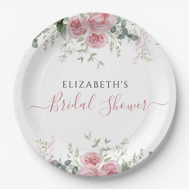 Elegant Eucalyptus & Pink Roses Invite Paper Plates (Front)