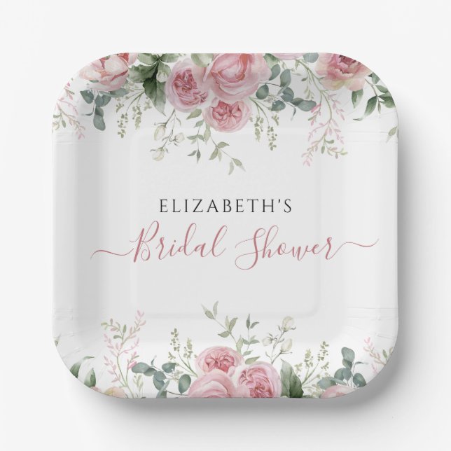 Elegant Eucalyptus & Pink Roses Invite Paper Plates (Front)