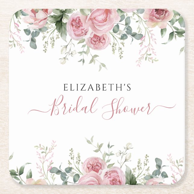 Elegant Eucalyptus & Pink Roses Invite Square Paper Coaster (Front)