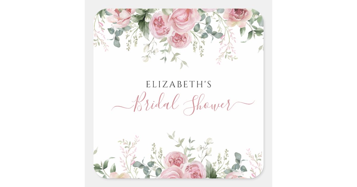 Pink Roses Invite Elegant Eucalyptus & Pink Roses Invite Square Sticker | Zazzle
