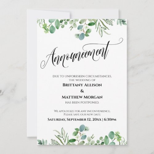 Elegant Eucalyptus Postponed Wedding Announcement