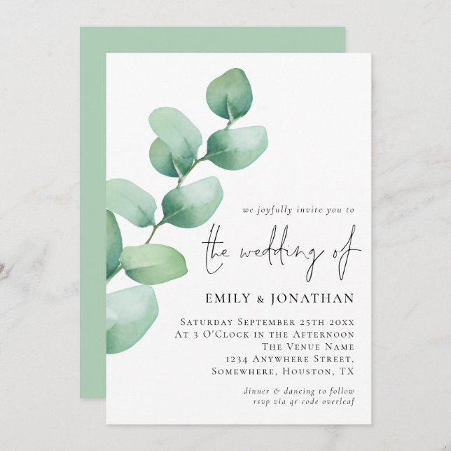 Elegant Eucalyptus QR Code Script Wedding Invitation (Front/Back)