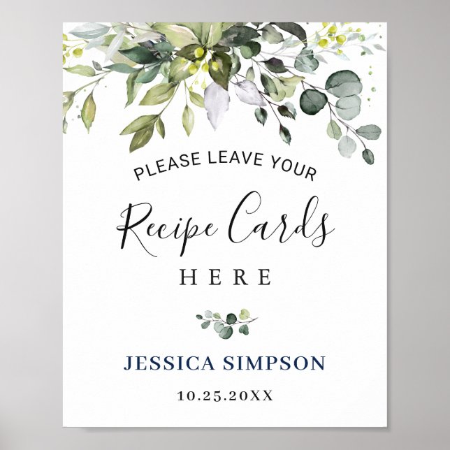 Elegant Eucalyptus Recipe Cards Bridal Shower Poster (Front)