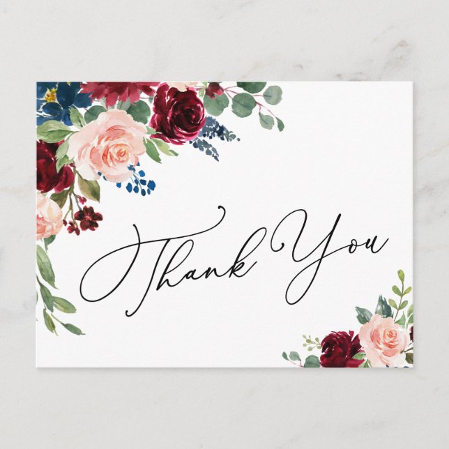 Elegant Eucalyptus Red Pink Roses Floral Thank You Postcard (Front)