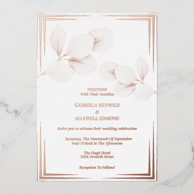 Elegant Eucalyptus Rose Gold Wedding Foil Invitation (Front)