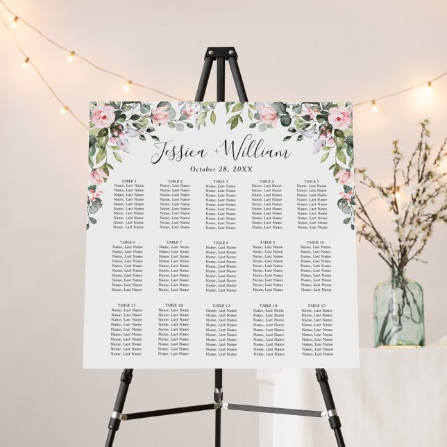 Elegant Eucalyptus & Roses 15 Tables SEATING CHART Foam Board (Creator Uploaded)