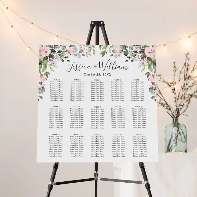 Elegant Eucalyptus & Roses 15 Tables SEATING CHART Foam Board | Zazzle