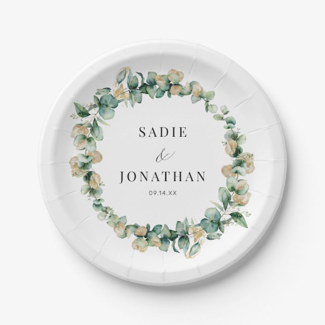Elegant Eucalyptus Rustic Gold Botanical Wedding Paper Plates (Front)