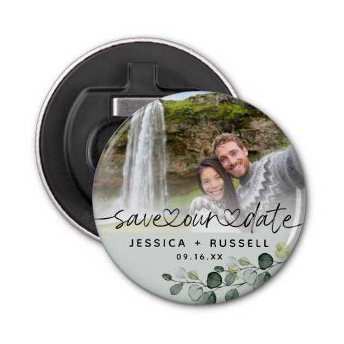 Elegant Eucalyptus Save Our Date Photo Wedding  Bottle Opener