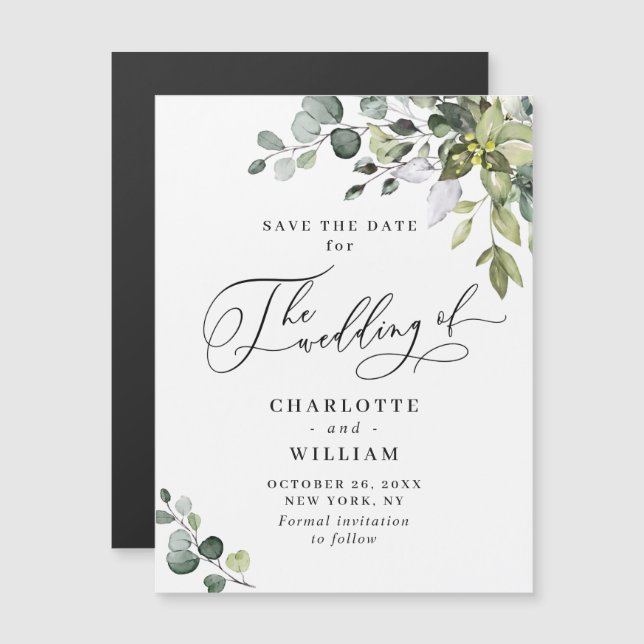 Elegant Eucalyptus Save the Date Magnetic Card (Front/Back)