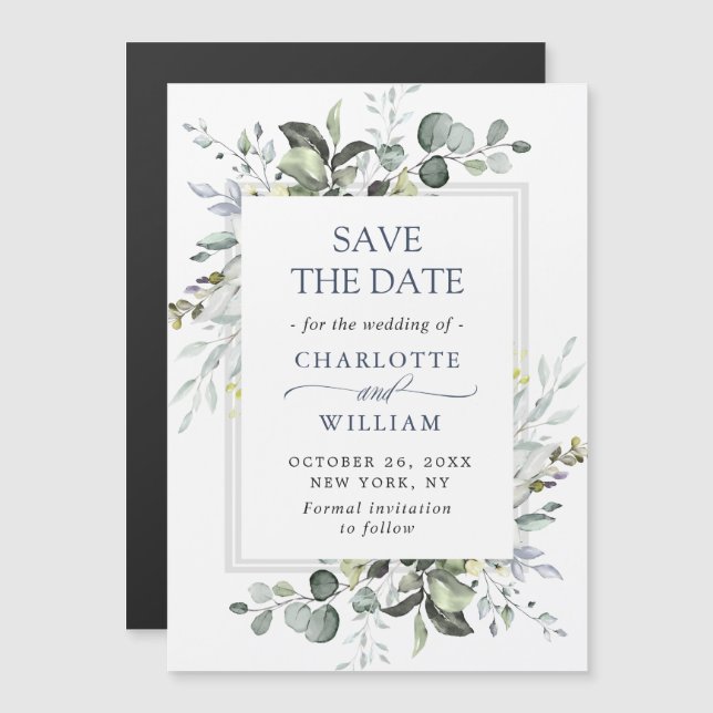 Elegant Eucalyptus Save the Date Magnetic Card (Front/Back)