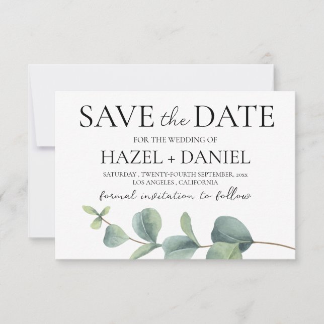 Elegant Eucalyptus Save the Date Wedding Card (Front)