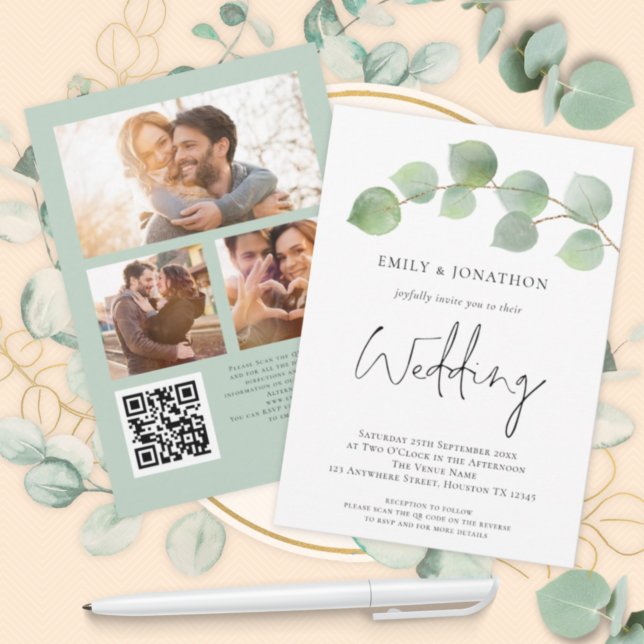 Elegant Eucalyptus Script 3 photo QR Code Wedding Invitation (Creator Uploaded)