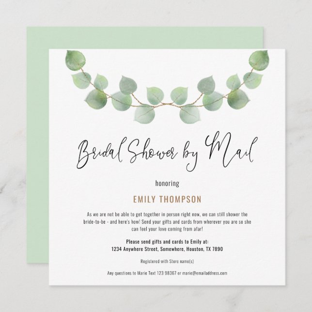 Elegant Eucalyptus Script Bridal Shower by Mail Invitation (Front/Back)
