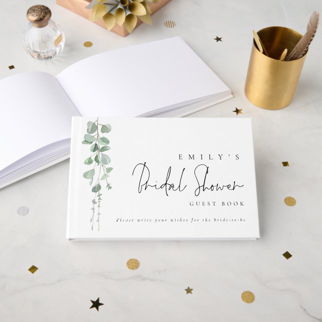 Elegant Eucalyptus Script Bridal Shower Guest Book (Front Open)