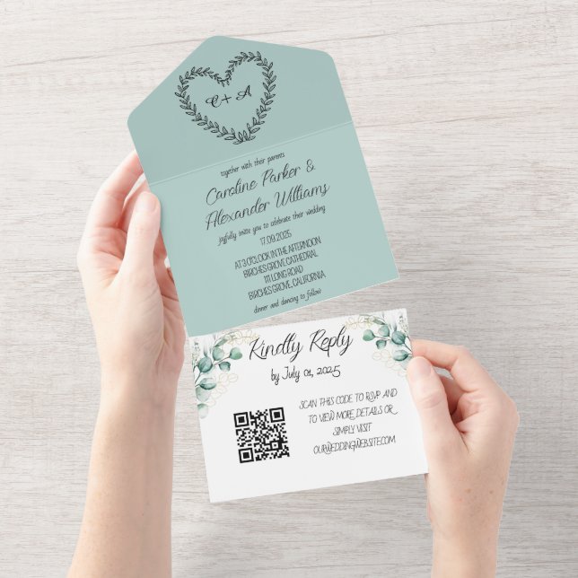 Elegant Eucalyptus Script Modern RSVP QR Code  All In One Invitation (Tearaway)