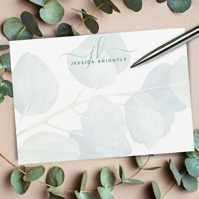 Elegant Eucalyptus Script Monogram Note Card (Creator Uploaded)