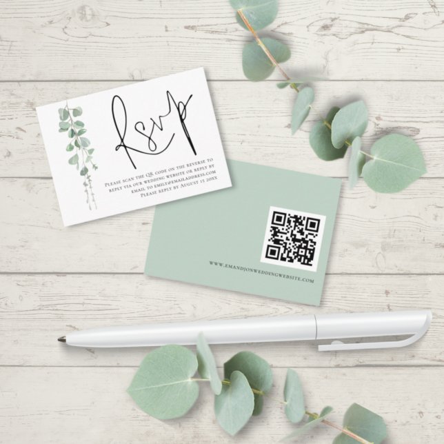 Elegant Eucalyptus Script QR Code Wedding RSVP Enclosure Card (Front and back view)