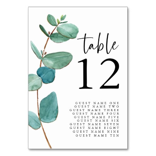 Elegant Eucalyptus Script Wedding Guest names Table Number