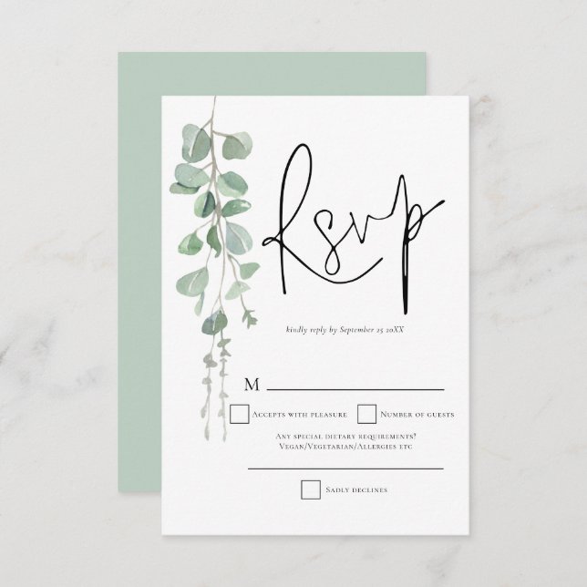 Elegant Eucalyptus Script Wedding RSVP  (Front/Back)