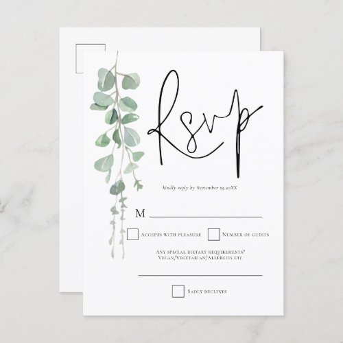 Elegant Eucalyptus Script Wedding RSVP  Invitation Postcard