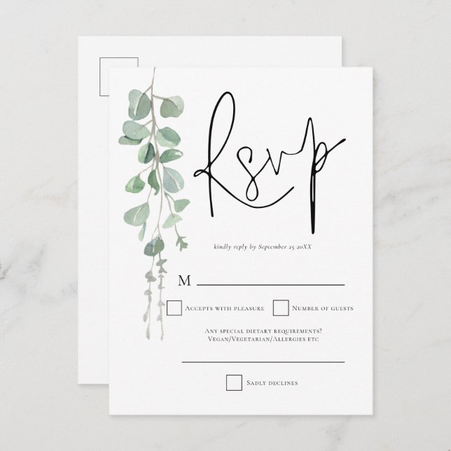Elegant Eucalyptus Script Wedding RSVP  Invitation Postcard (Front/Back)