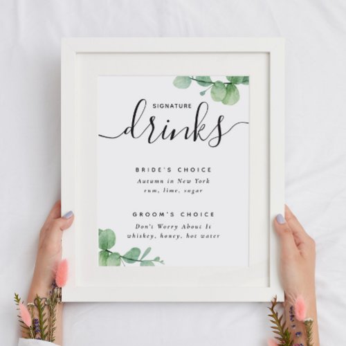 Elegant eucalyptus script wedding Signature drinks Poster
