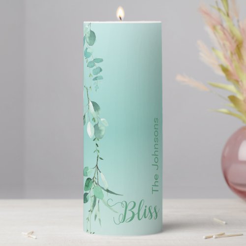Elegant Eucalyptus Spa Bliss Family Name Pillar Candle