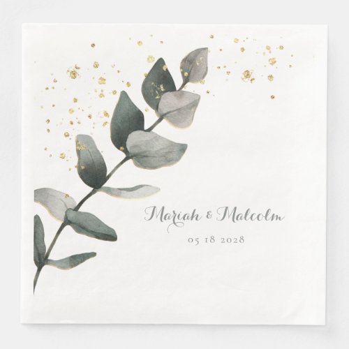 Elegant Eucalyptus Stem Gold Ink Splatter Wedding  Paper Dinner Napkins