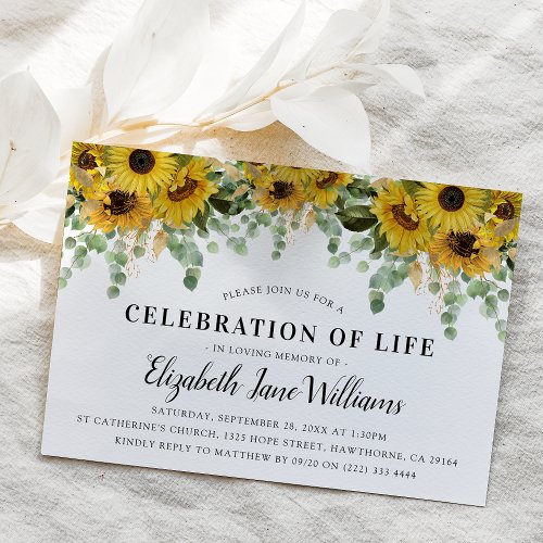 Elegant Eucalyptus  Sunflower Celebration of Life Invitation