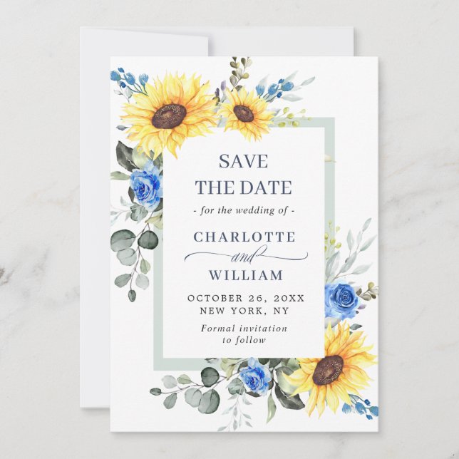 Elegant Eucalyptus Sunflower Floral Wedding Save The Date (Front)