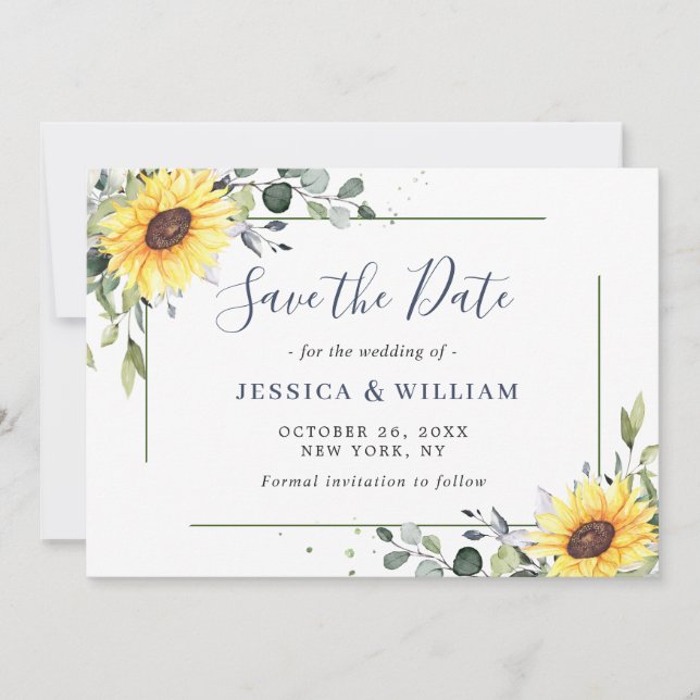 Elegant Eucalyptus Sunflower Floral Wedding Save The Date (Front)