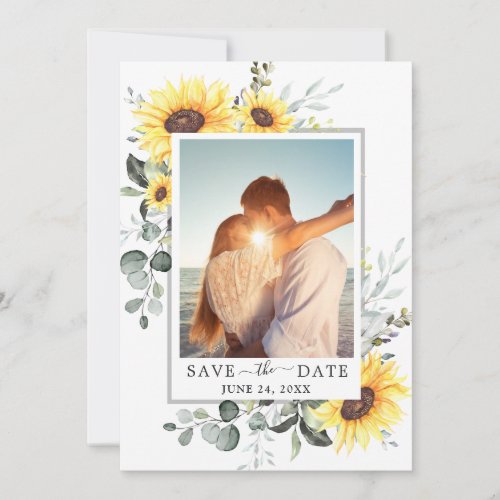 Elegant Eucalyptus Sunflower PHOTO Wedding Save The Date