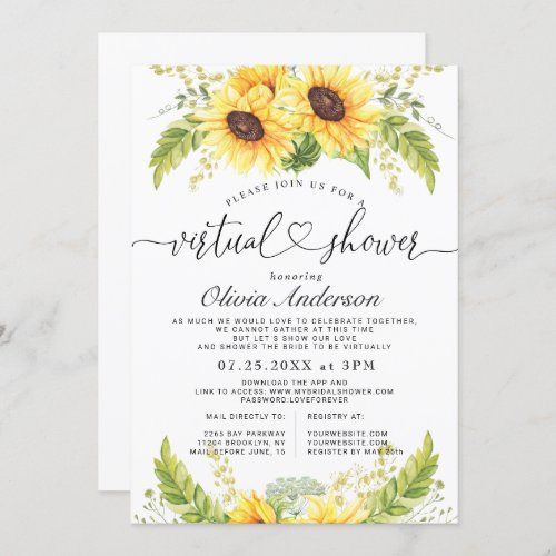 Elegant Eucalyptus Sunflower Virtual Bridal Shower Invitation