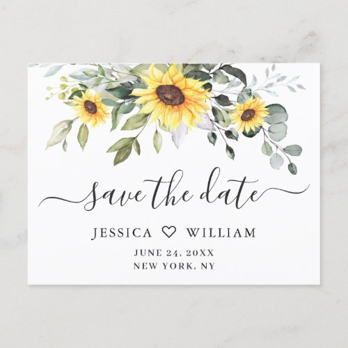 Elegant Eucalyptus Sunflower Wedding Save the Date Postcard