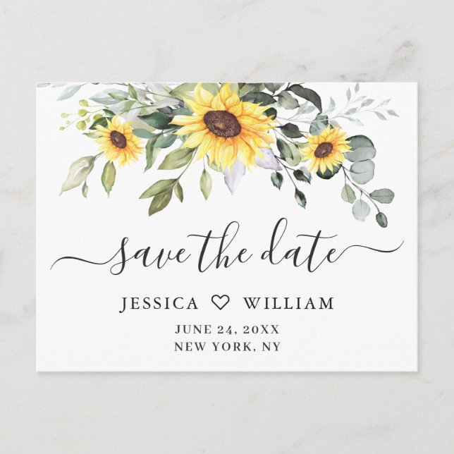 Elegant Eucalyptus Sunflower Wedding Save the Date Postcard (Front)